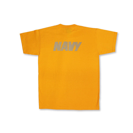 Orange T-shirt with 'NAVY' graphic centered on back