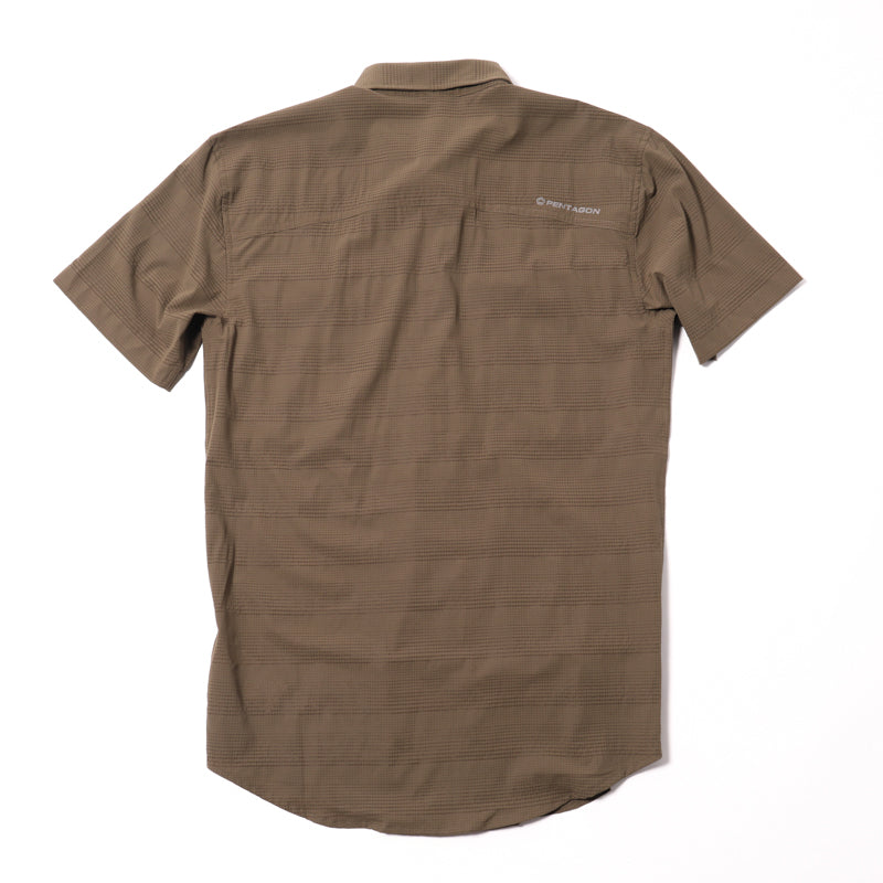 Men's short-sleeve khaki ripple button-up shirt with chest pocket and back yoke