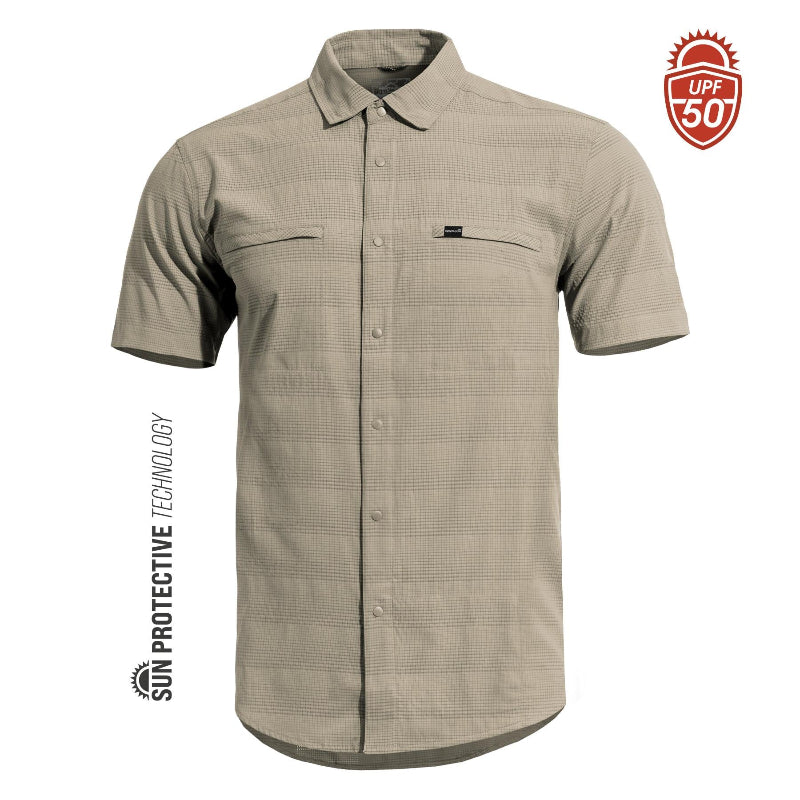Men's khaki short-sleeve button-up ripple shirt with UPF 50 protection badge