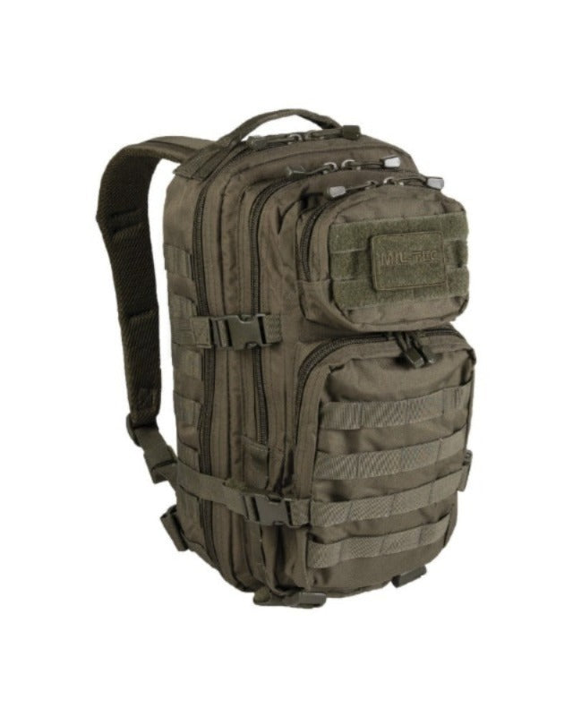 Olive tactical assault backpack with MOLLE straps, side pocket, and top handle