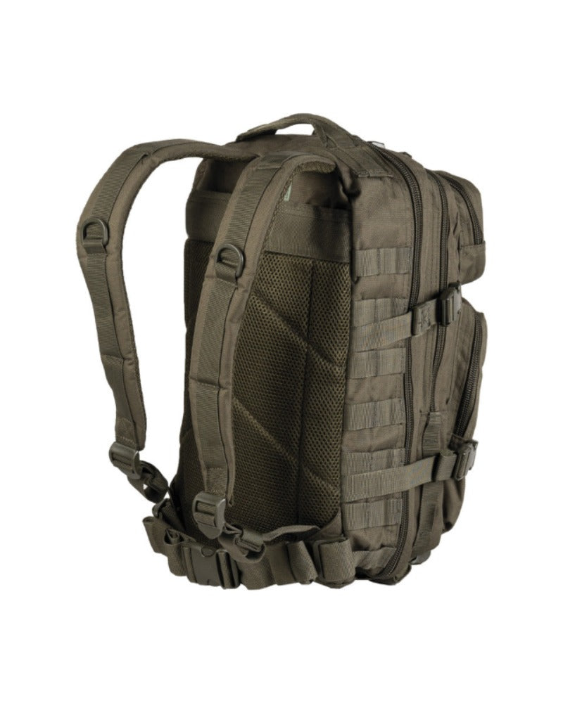 Olive tactical assault backpack with padded back panel and MOLLE side straps