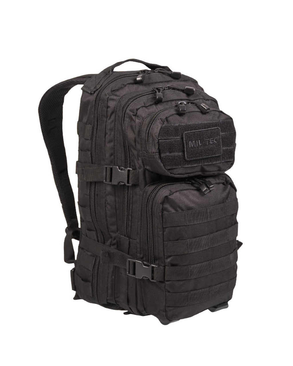 Black tactical assault backpack with MOLLE front straps and side accessory pouch