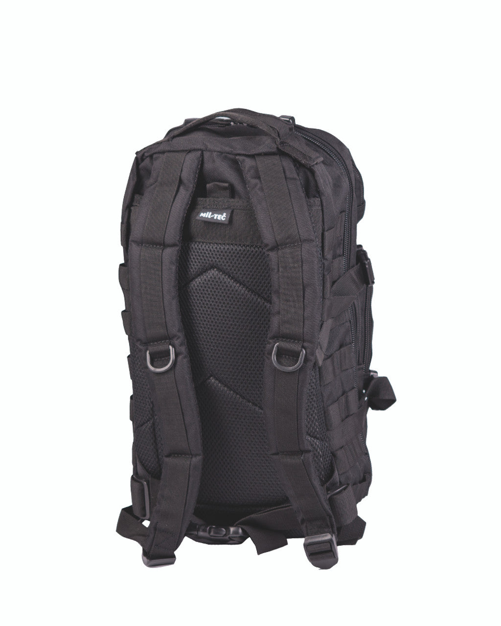 Black tactical backpack with padded back panel and mesh spine panel