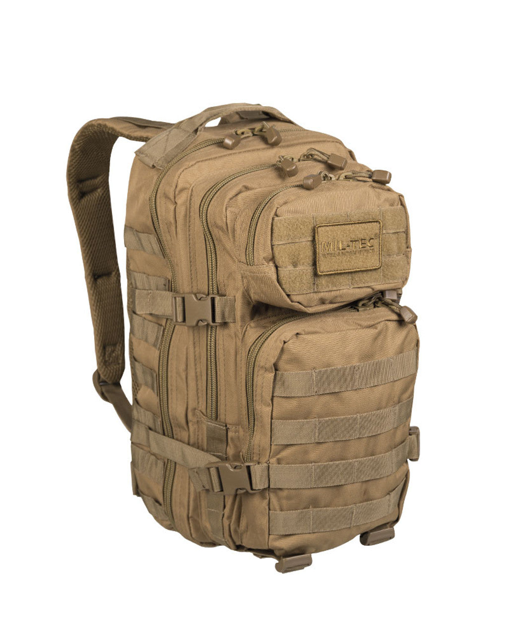 Coyote tan tactical assault backpack with MOLLE front straps and top carry handle