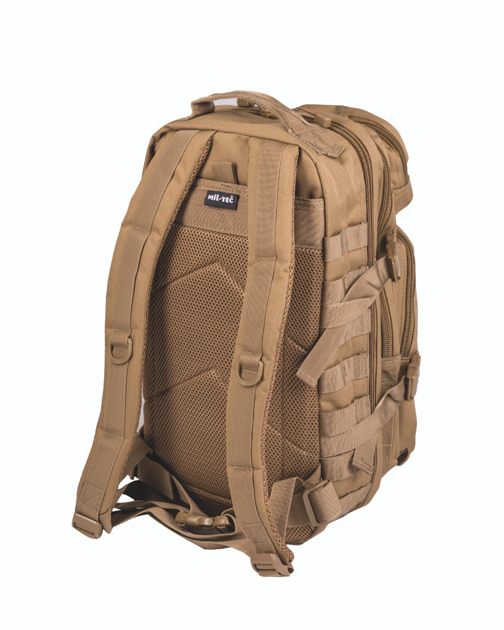 Coyote tan tactical backpack with padded mesh back panel and MOLLE side pockets