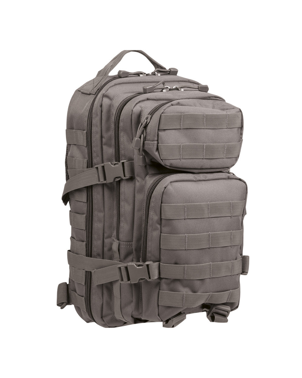 20L assault backpack in gray with MOLLE straps and side zipper compartments
