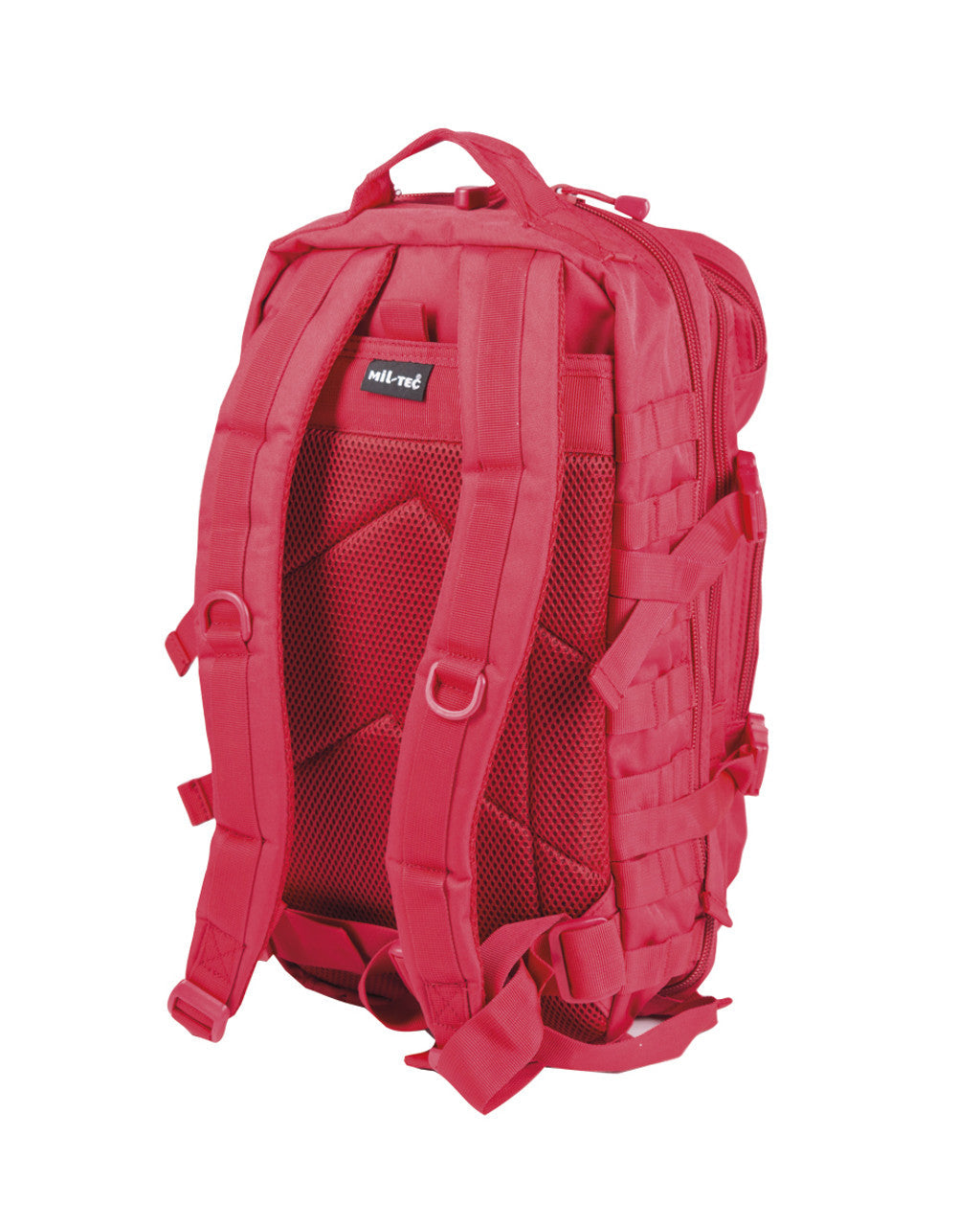 20L assault backpack in red with padded back panel and mesh shoulder straps