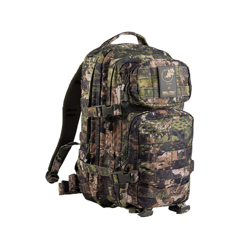 Woodland camo tactical assault backpack with MOLLE front and top carry handle