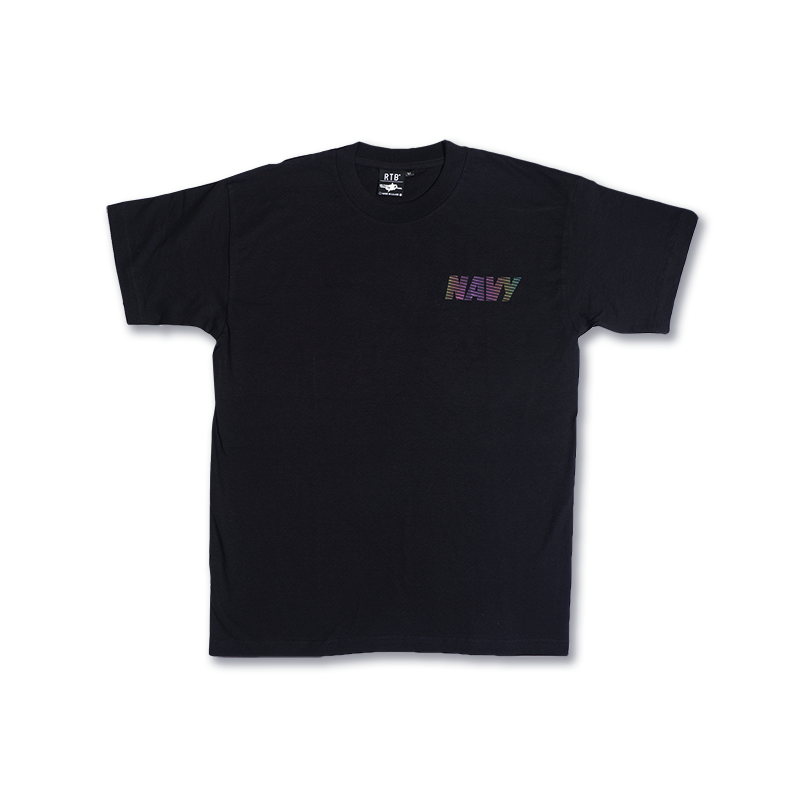 Black short-sleeve T-shirt with small multicolor 'NAVY' graphic on chest
