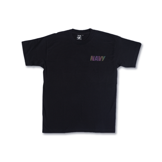 Black short-sleeve T-shirt with small multicolor 'NAVY' graphic on chest