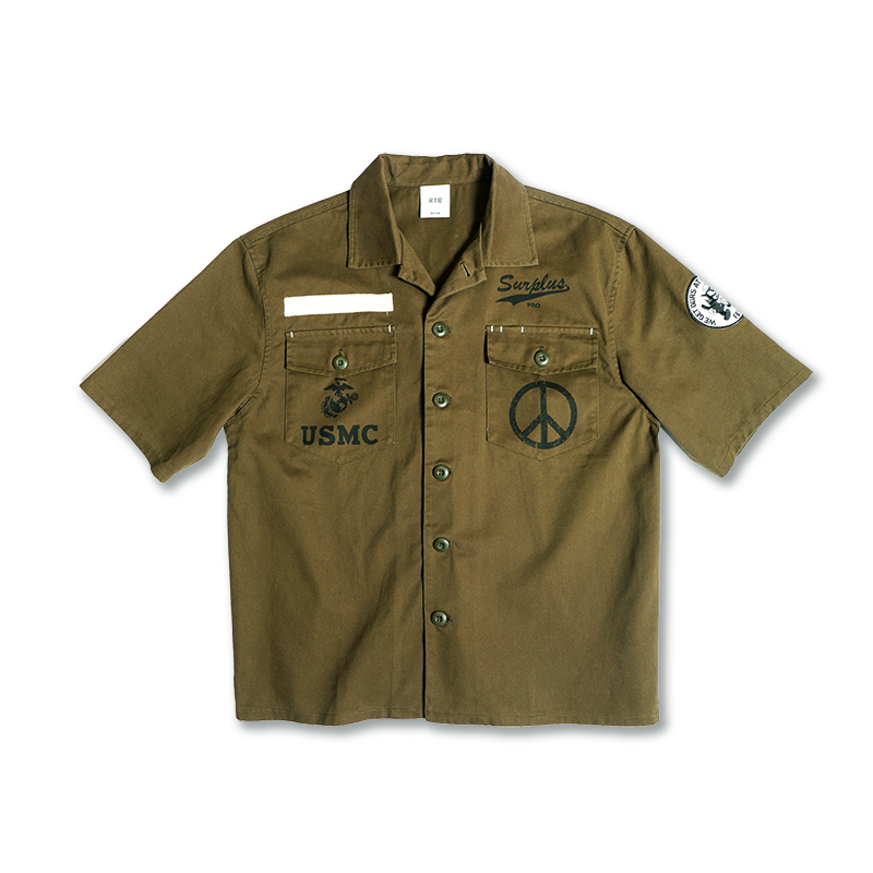 Olive drab utility overshirt with button front, chest pockets, USMC and peace patches