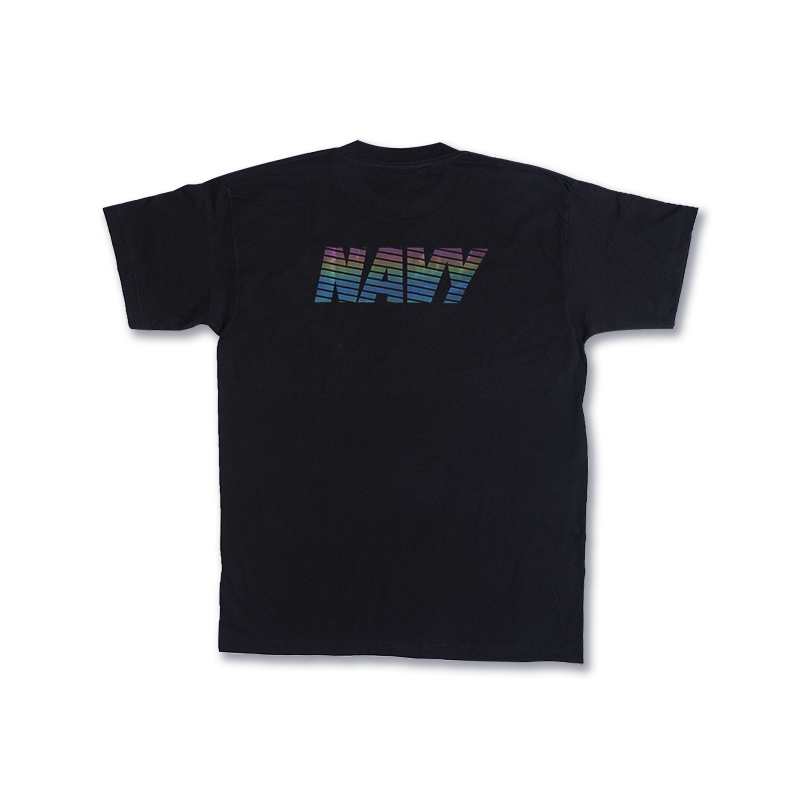 Black T-shirt with multicolor striped 'NAVY' graphic centered on back