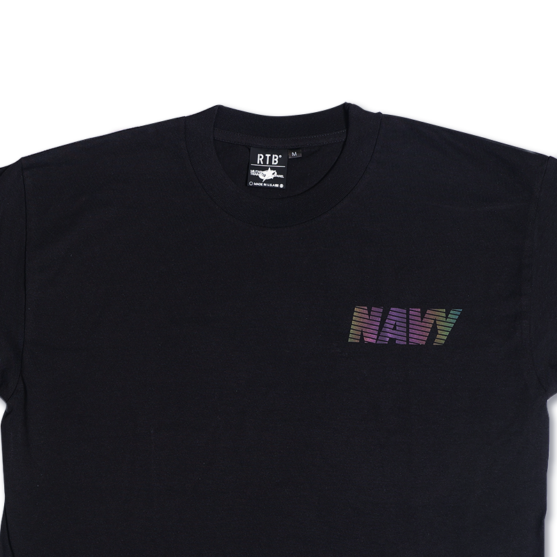 Black T-shirt with multicolor striped 'NAVY' logo at upper chest