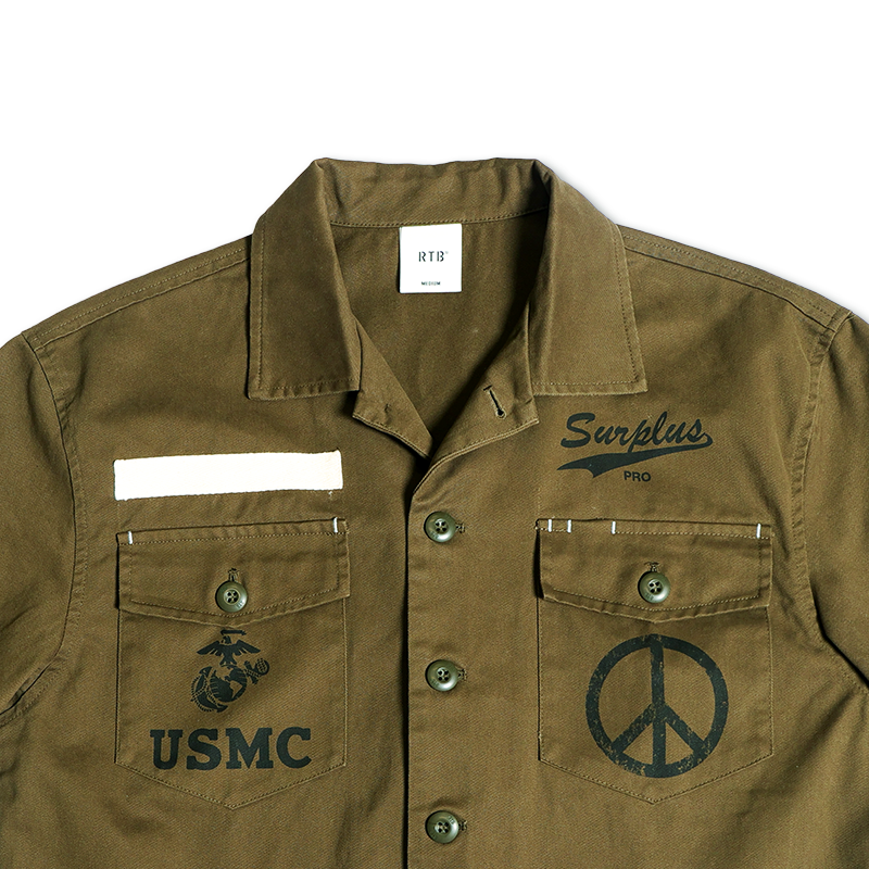 Olive drab RTB utility overshirt with chest pockets, USMC patch and peace symbol