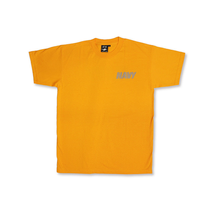 Orange short-sleeve T-shirt with small 'NAVY' graphic on center chest