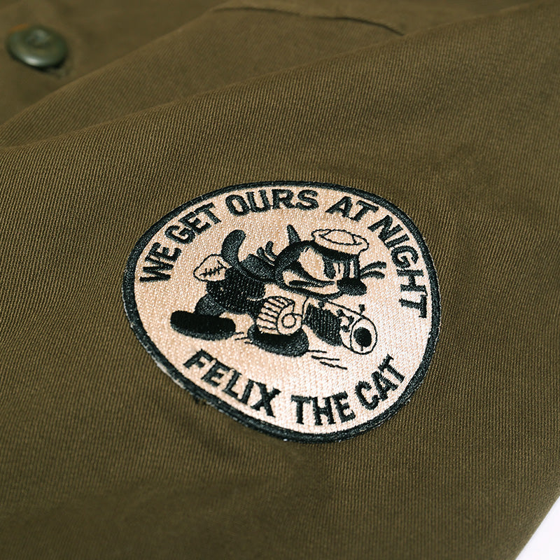 Olive drab sleeve patch: 'NEVER FEAR AT NIGHT' with FELIX THE CAT illustration