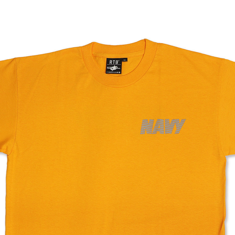 Orange T-shirt with small 'NAVY' logo on chest and neck brand tag
