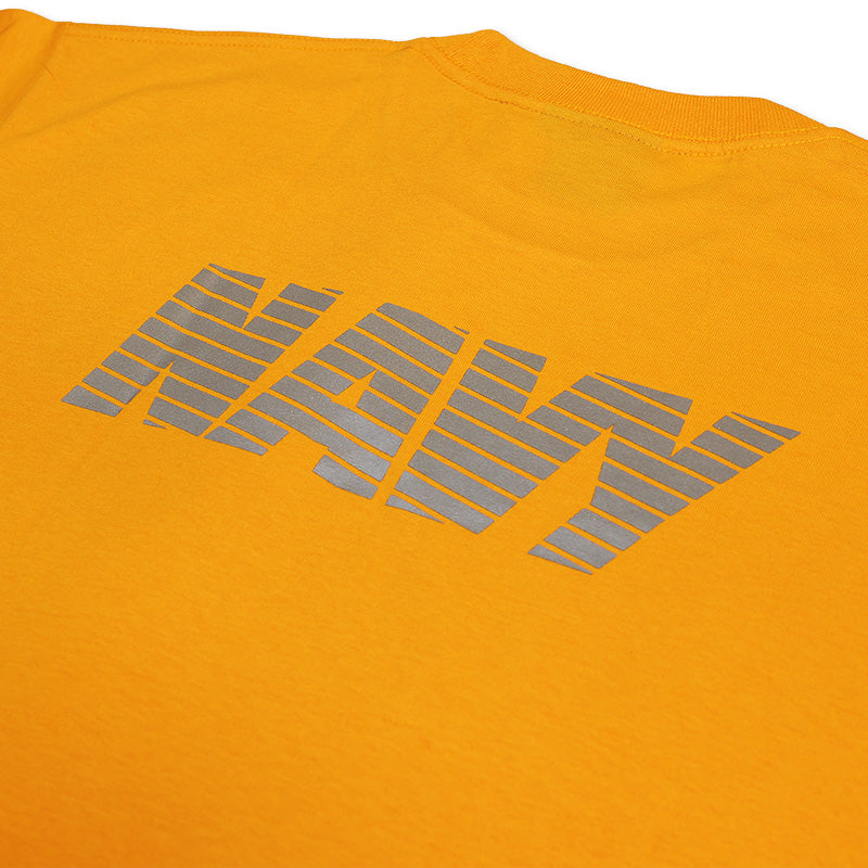 Orange T-shirt with large gray 'NAVY' striped graphic across chest