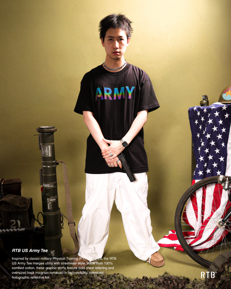 Black T-shirt with â€œARMYâ€ rainbow print on the front
