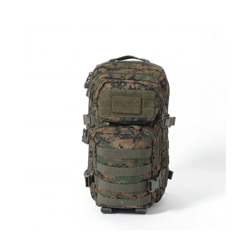 Multicolor camo assault backpack with front top pouch and MOLLE webbing panels
