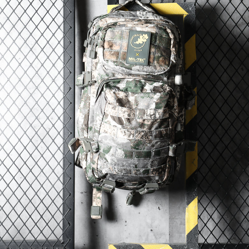 20L assault backpack in camo with MOLLE webbing and front patch pocket