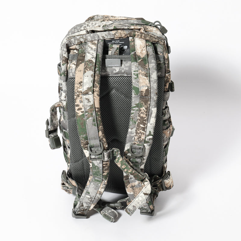 20L assault backpack back view with padded straps and camouflage outer panel