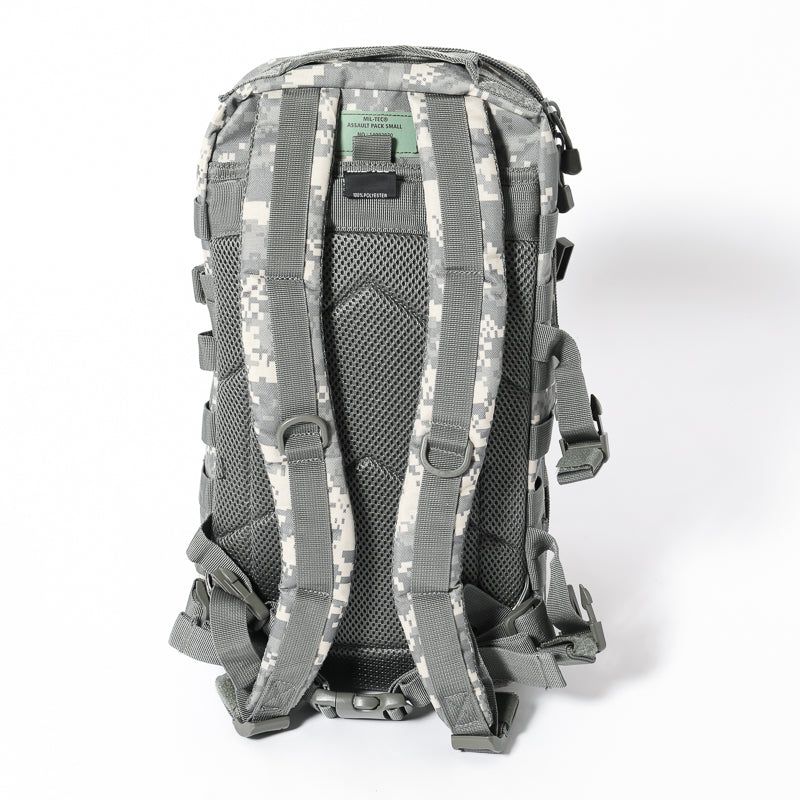 Gray digital camo assault backpack with padded shoulder straps and front MOLLE webbing