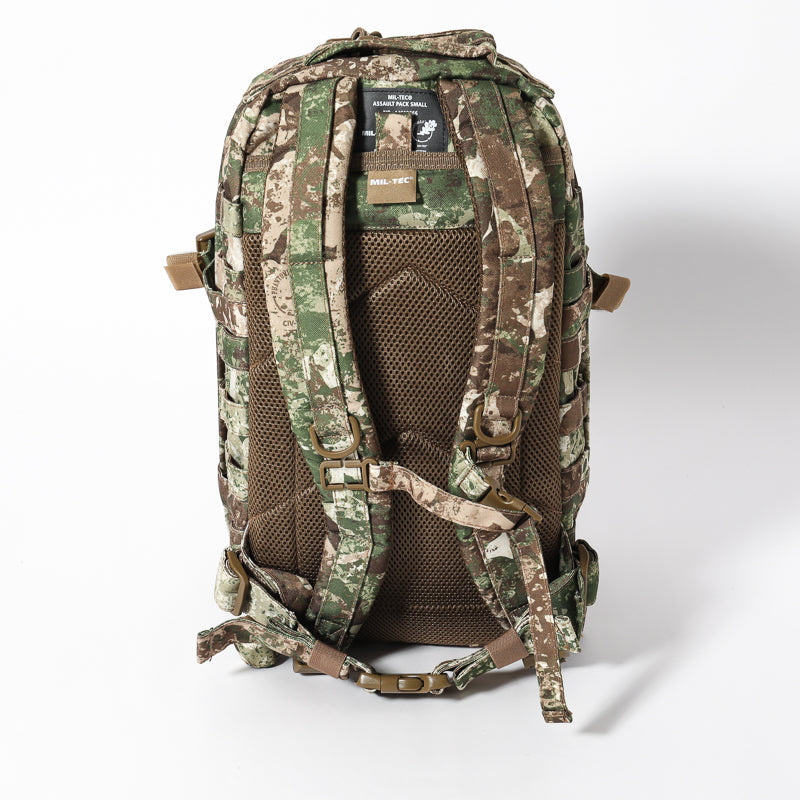 20L assault backpack back view with padded mesh center and camo straps