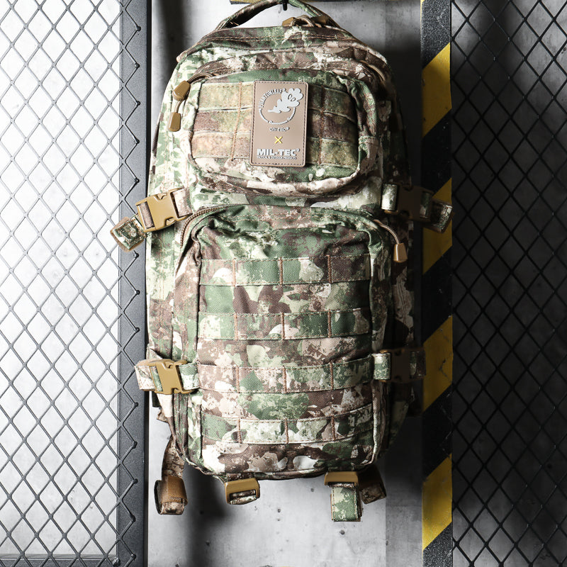 20L assault backpack in camouflage with front pouches and MOLLE webbing