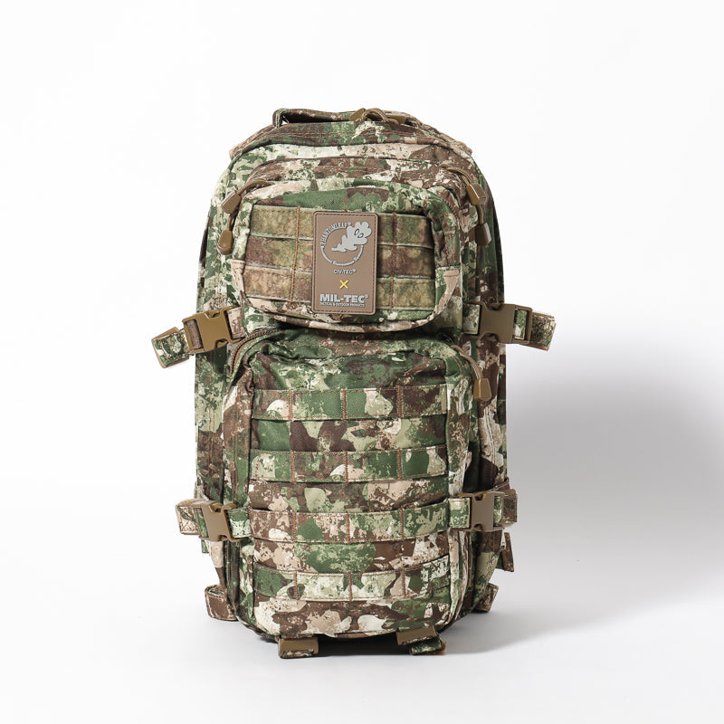 20L assault backpack front with camouflage panels, buckles, and utility pouches