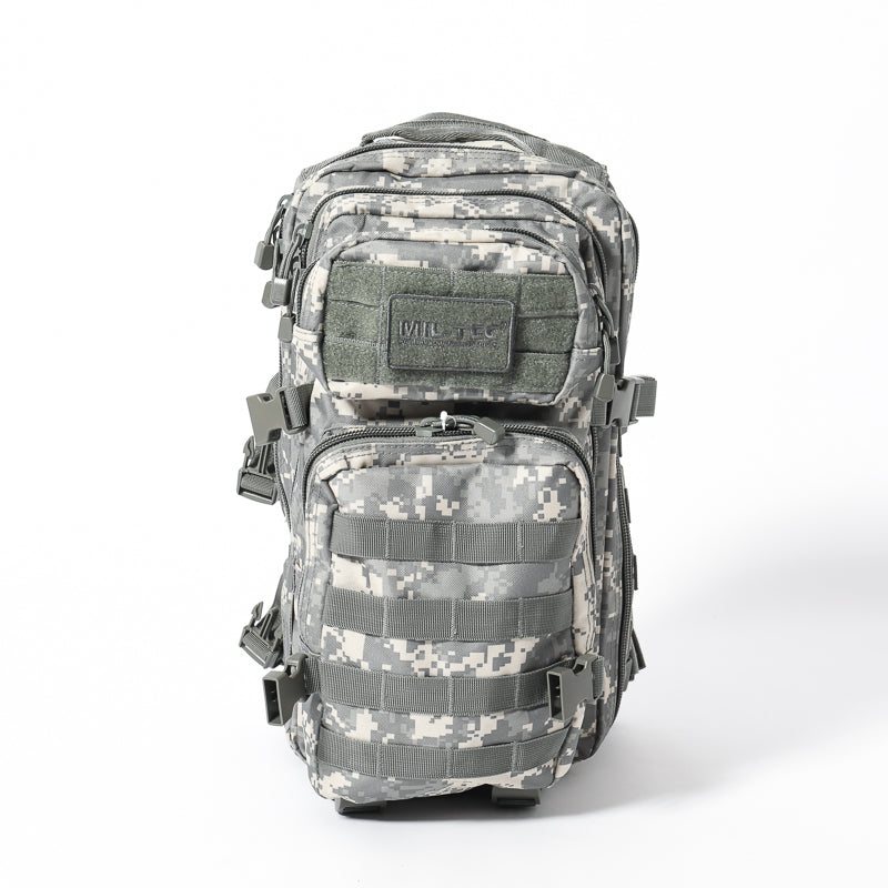 20L assault backpack front view in digital camouflage with multiple zipper compartments