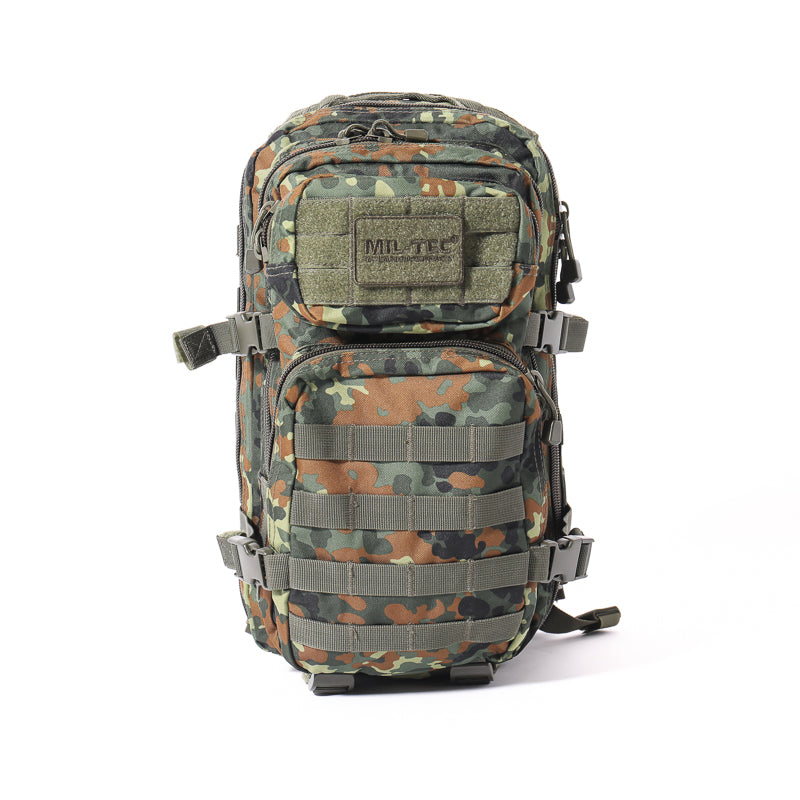 20L assault backpack front with camouflage fabric, top handle, and MOLLE straps