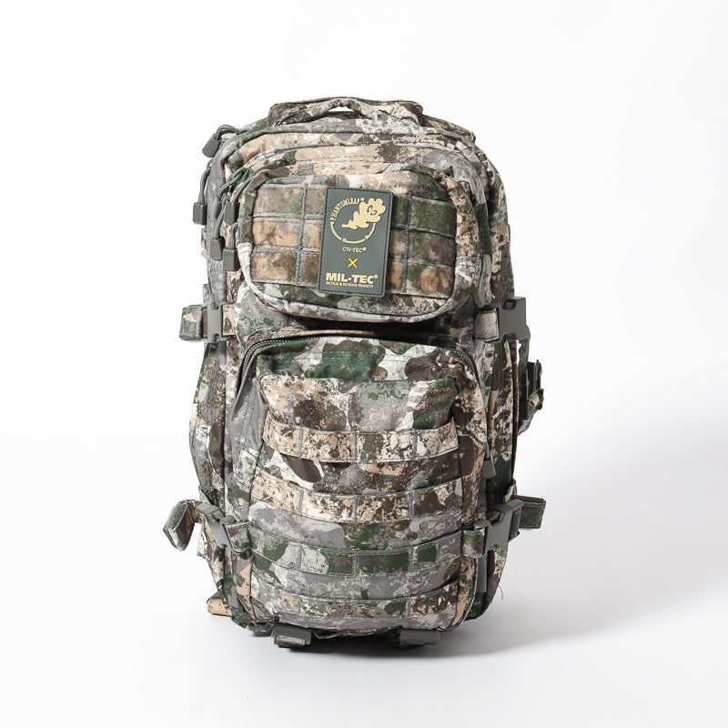 20L assault backpack front view with camouflage cover and mounted patches