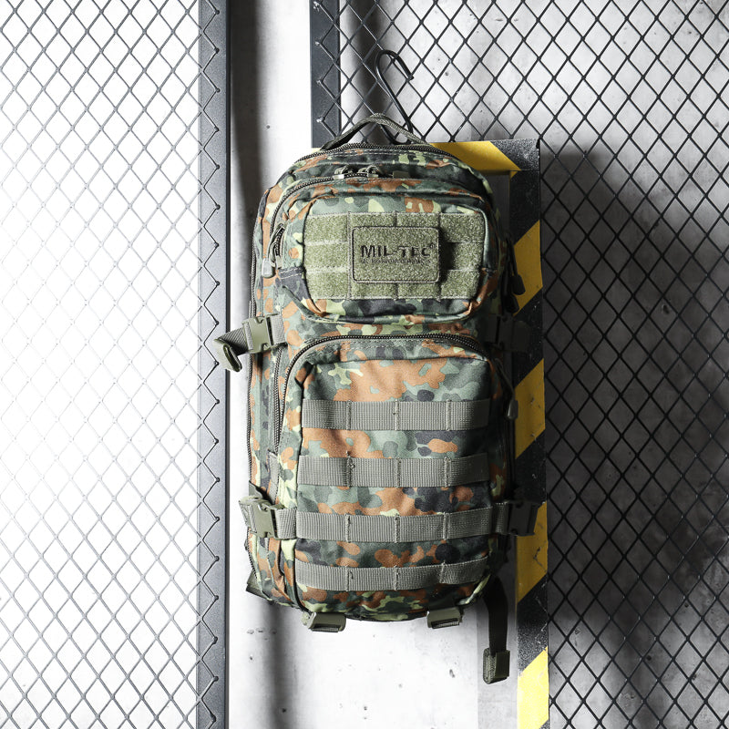 20L assault backpack front view with camouflage panels and adjustable straps