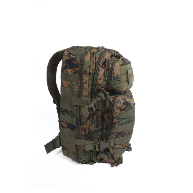 Woodland camo assault backpack with side MOLLE straps and padded shoulder backing