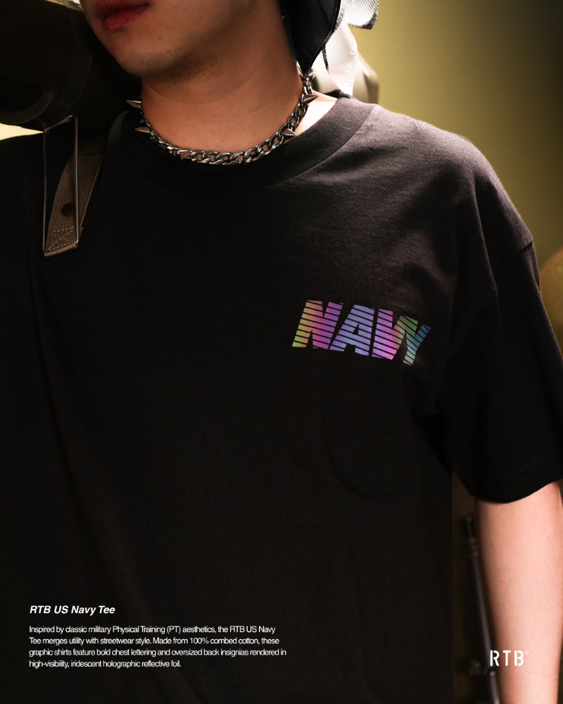 Black T-shirt with colorful graphic logo on left chest, crew neck