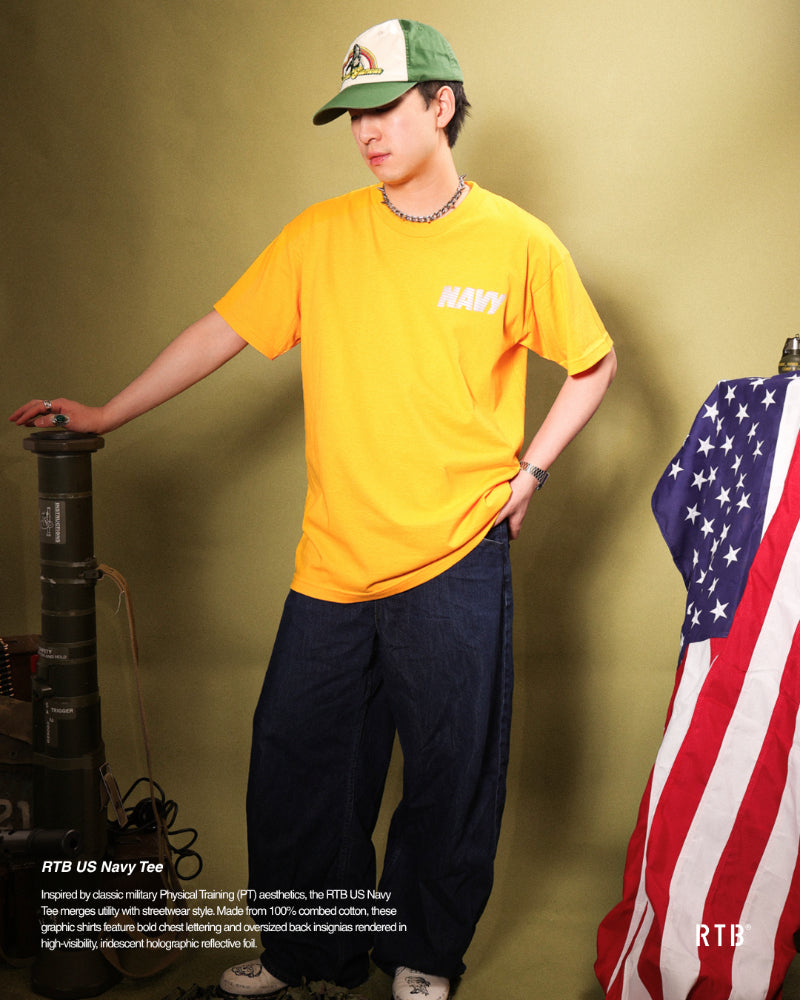 Gold orange T-shirt with NAVY print, short sleeves and crew neck