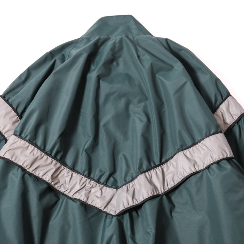 Green army jacket back with white chevron stripe and elastic collar seam