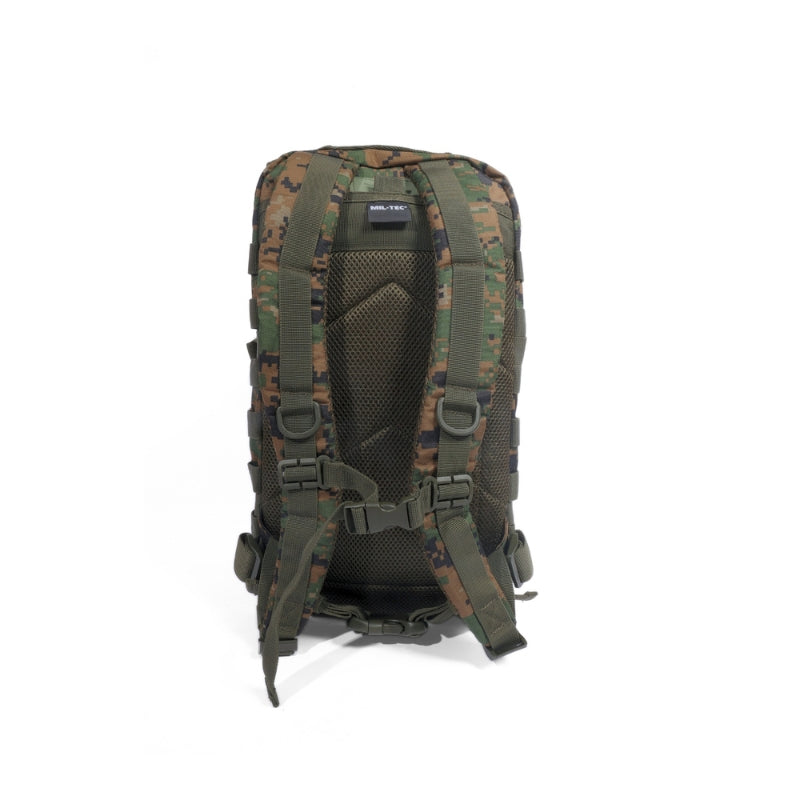 Green digital camo assault backpack with mesh back panel and padded shoulder harness