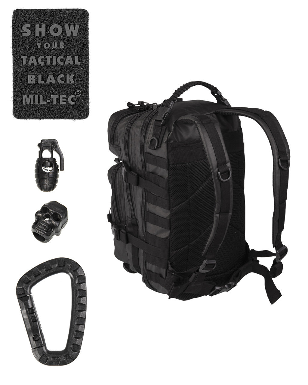 20L assault backpack in tactical black with MOLLE front straps and shoulder padding