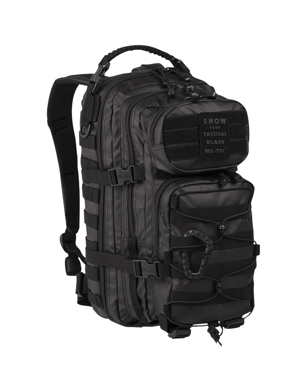 20L assault backpack in black with MOLLE front organizer and top handle