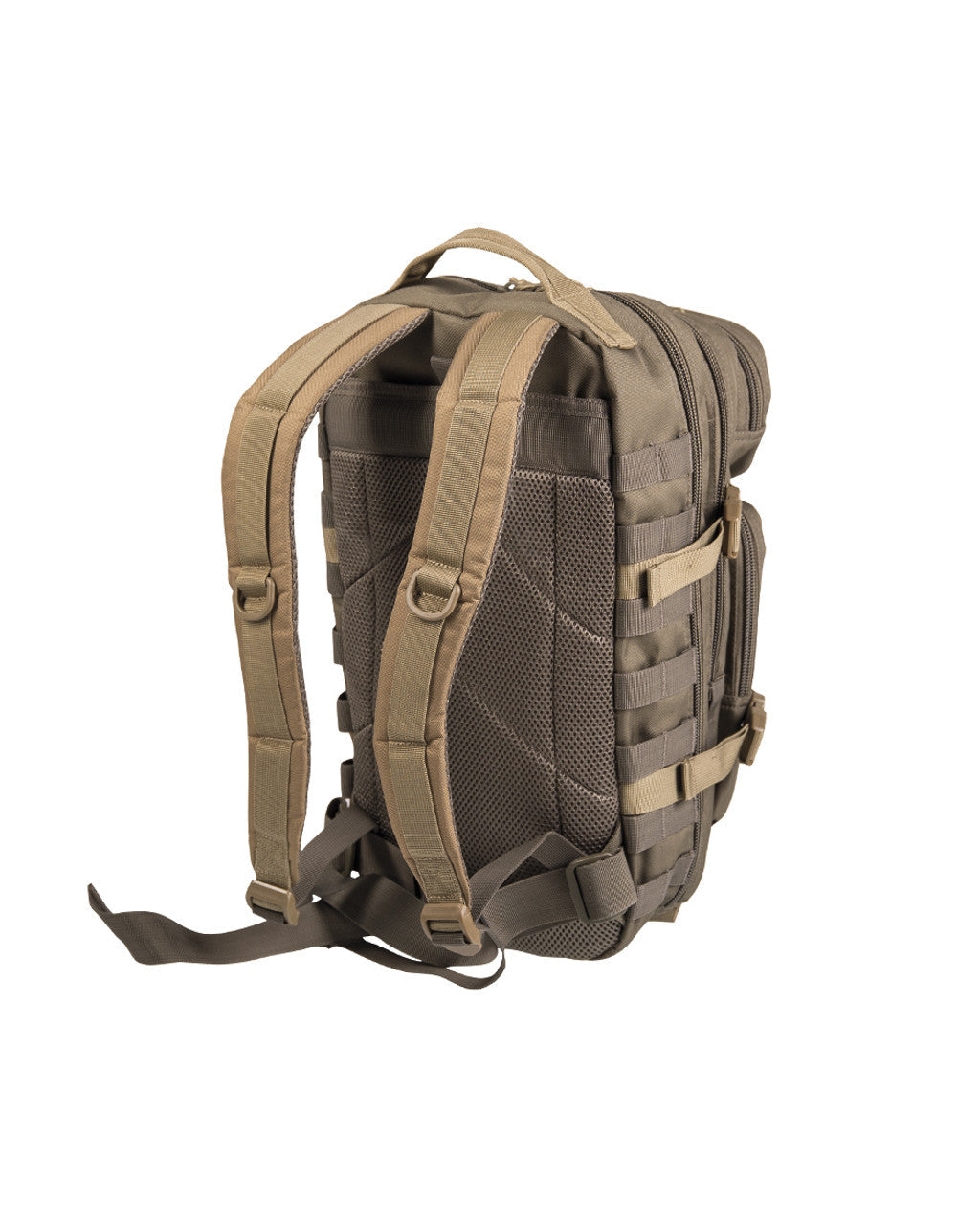 20L assault backpack in khaki with MOLLE side panels and padded shoulder straps