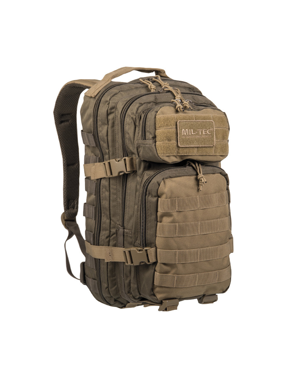 20L assault backpack in olive tan with MOLLE webbing and adjustable shoulder straps