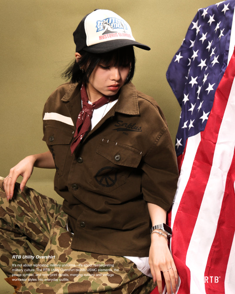 Olive drab utility overshirt with snap button front and chest pockets