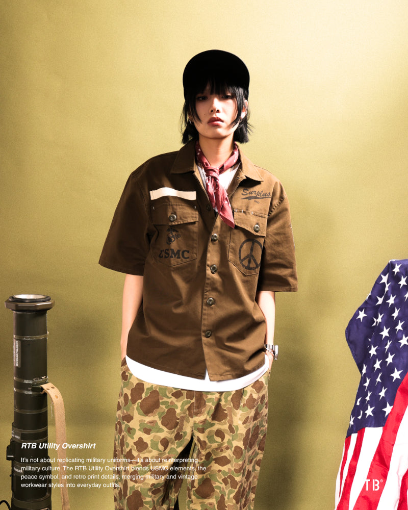 Olive drab short-sleeve utility overshirt with two chest pockets and button front