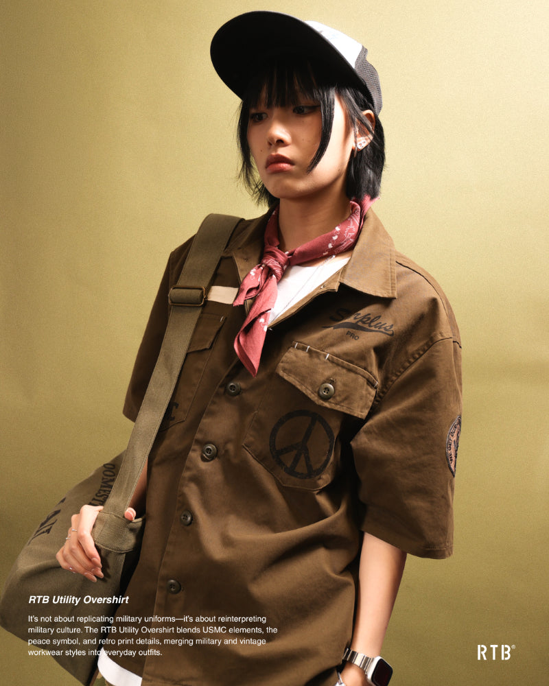 Olive drab utility overshirt with front buttons, flap chest pockets, and patch