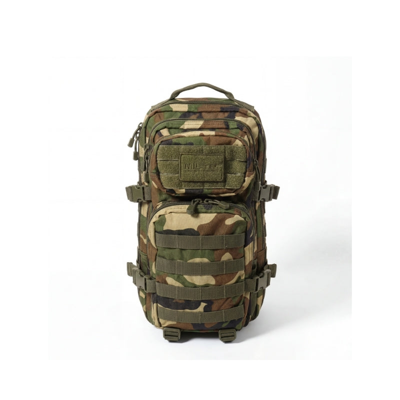Green and brown camo assault backpack with front organizer pocket and MOLLE panel straps