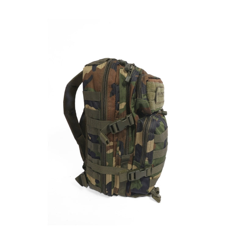 Multicolor camo assault backpack with padded back panel and side MOLLE attachment straps