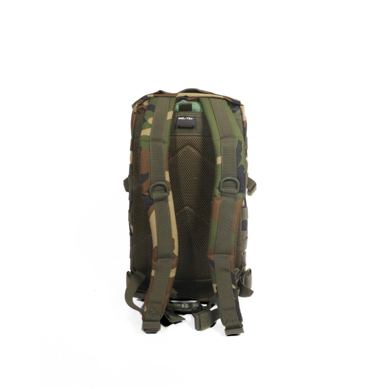 Green camo assault backpack with padded back panel and adjustable shoulder straps
