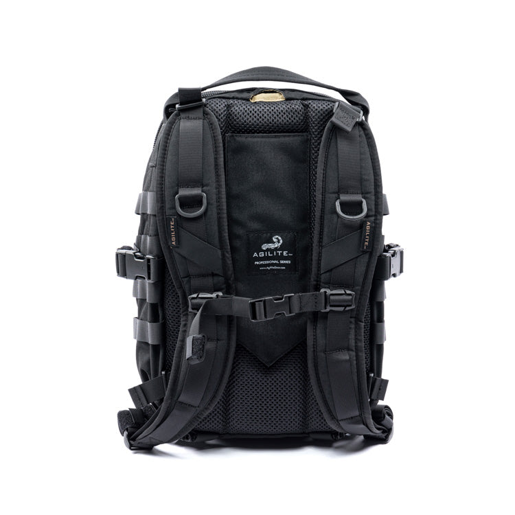 Black assault backpack with padded shoulder straps, front panel, and MOLLE webbing